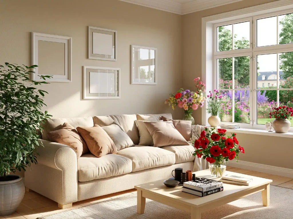 Living room window decor idea with floral accents