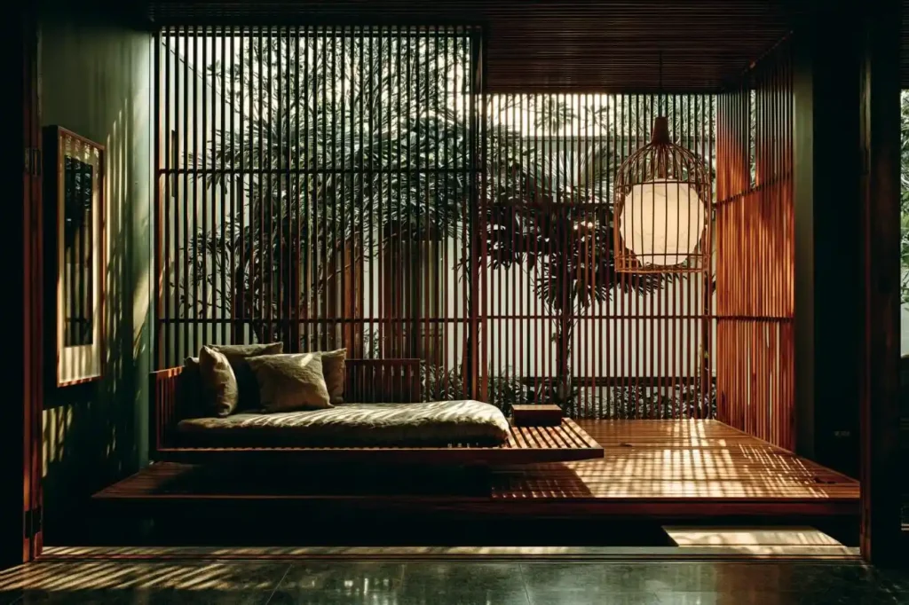  Bamboo partition wall design with daybed nook