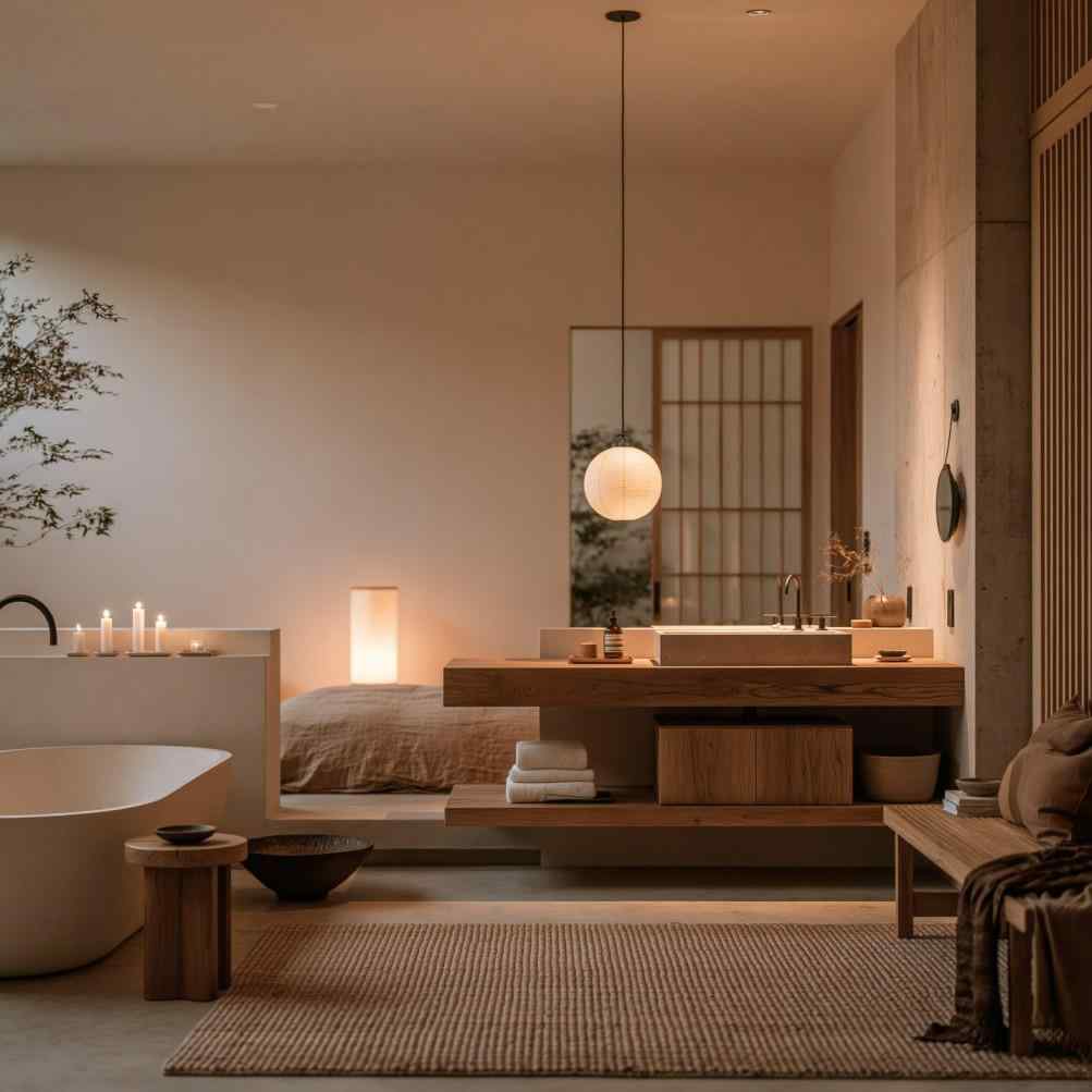  Organic modern bathroom wood vanity freestanding tub