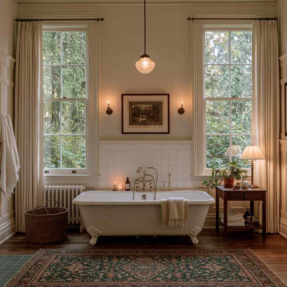White subway bathtub tile design in classic bathroom