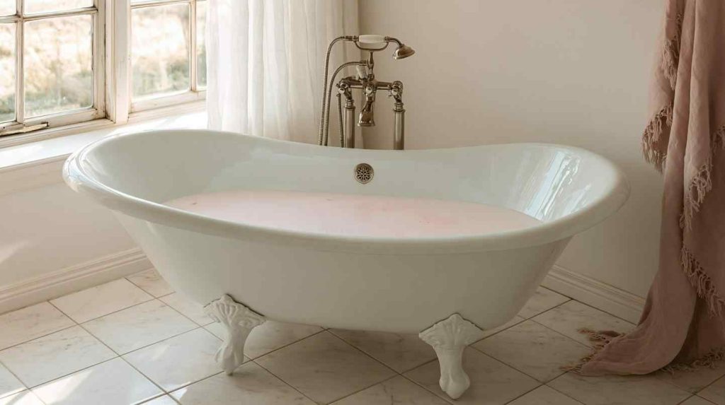 White bathtub tile design with vintage clawfoot tub