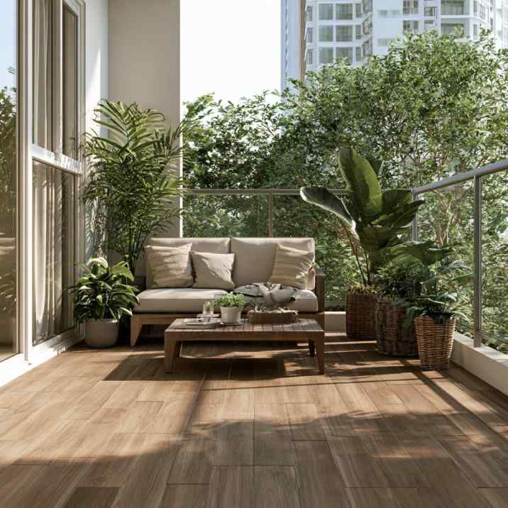 Wooden balcony flooring design with seating and plants
