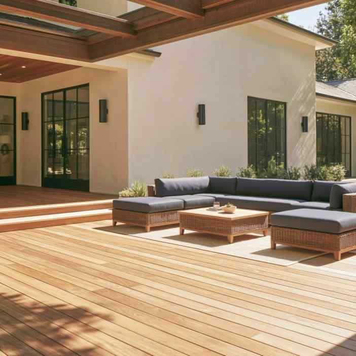 Wooden deck balcony flooring design on covered terrace