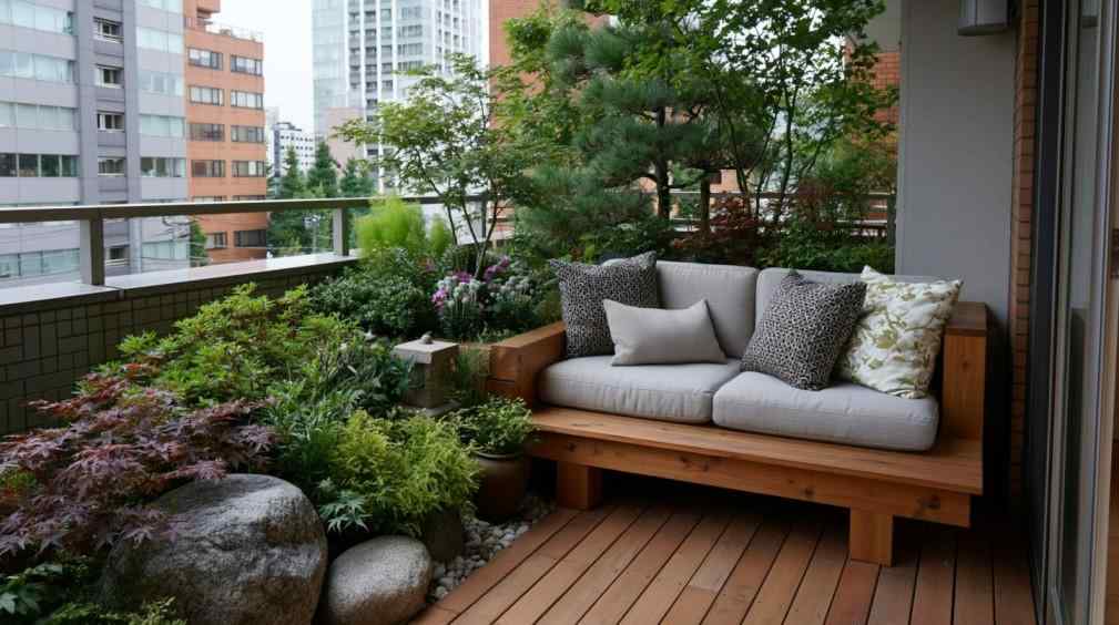  Wooden deck seating on balcony garden