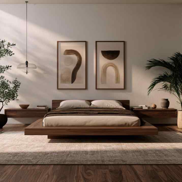  Wooden floating bed design in modern bedroom