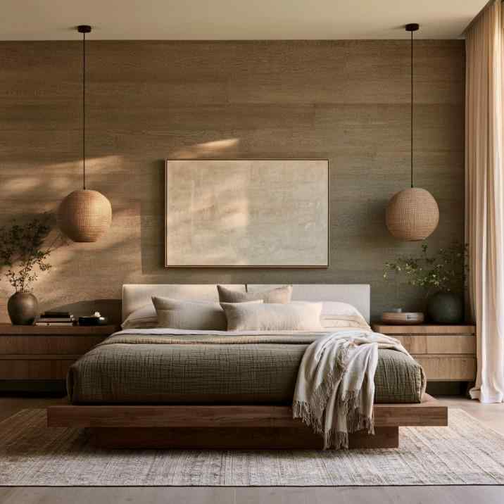  Wooden floating bed design with integrated bedside tables