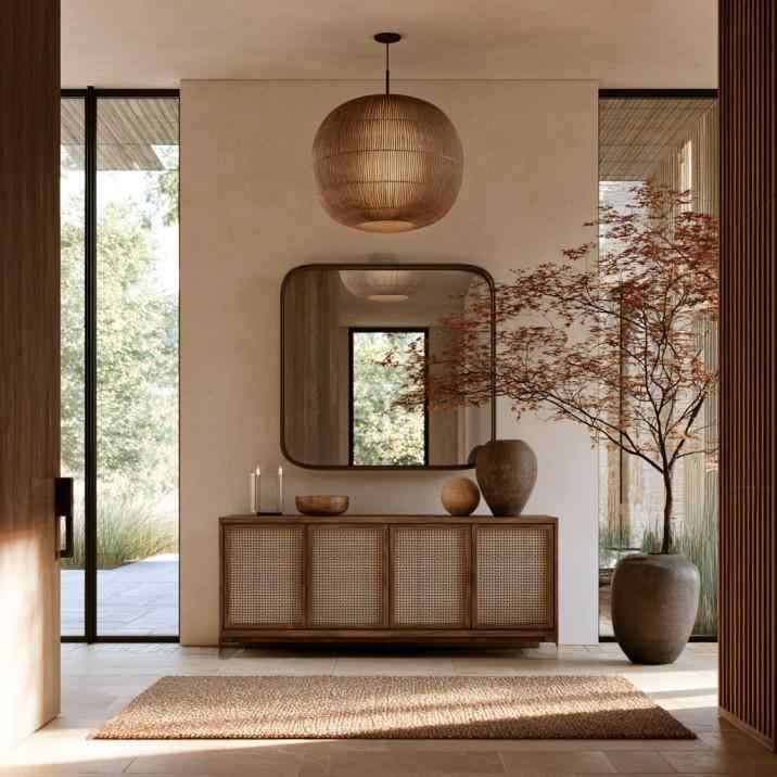  Square wood-frame entryway mirror rattan sideboard