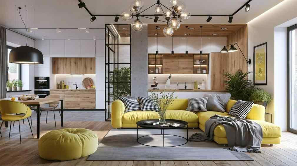 Yellow sectional sofa in open-plan living room furniture layout