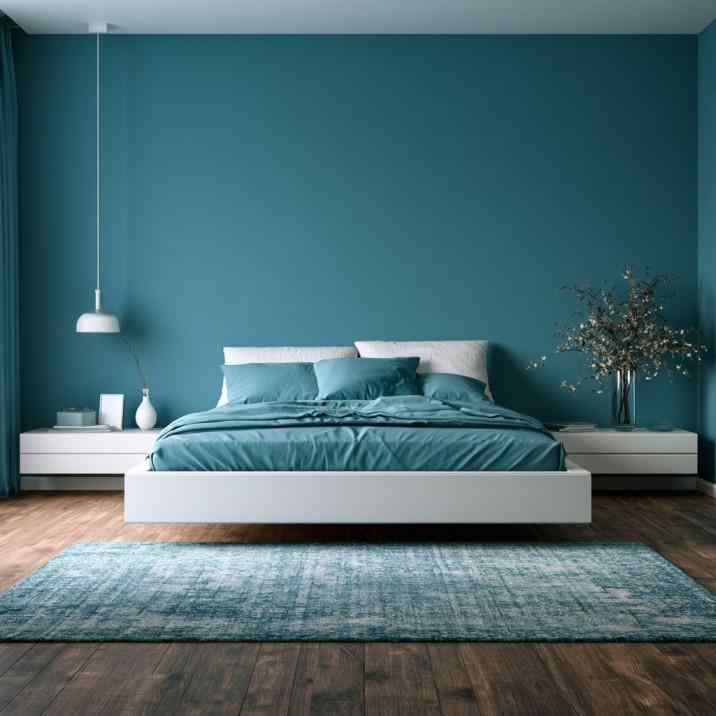 Teal blue bedroom with white floating bed