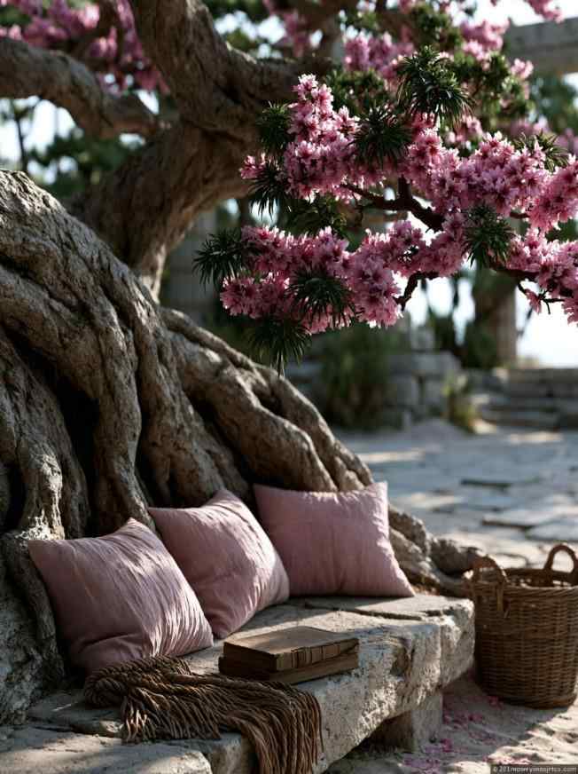 Tree root bench garden seating with cushions