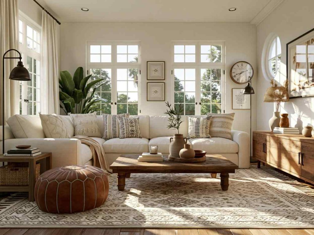 Tropical house design living room with natural textures