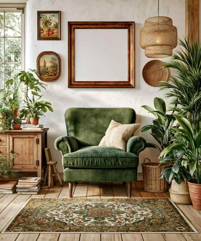 Tropical house design corner with plants and green chair