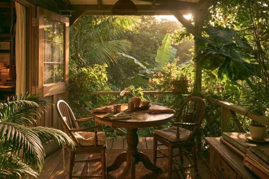 A shaded veranda framed by greenery shows how tropical design connects indoors with nature.