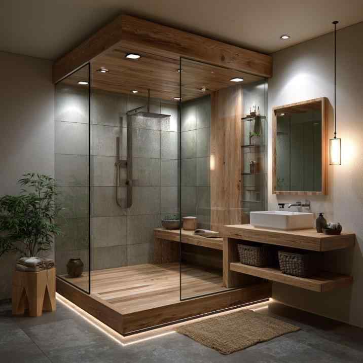 Walk-in shower room design wood finish