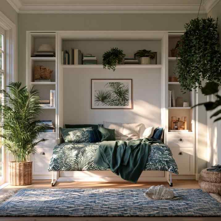 Wall mounted Murphy bed in guest room with shelving