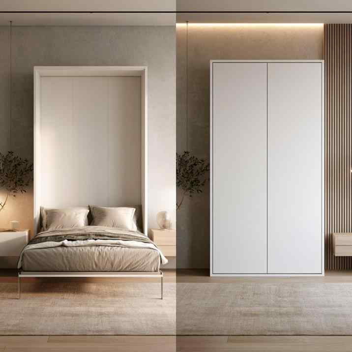 Wall mounted Murphy bed shown open and closed