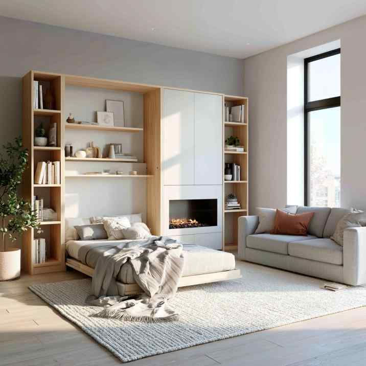 Wall mounted Murphy bed in small multifunctional living room