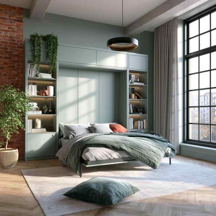 Wall mounted Murphy bed with built-in shelving storage