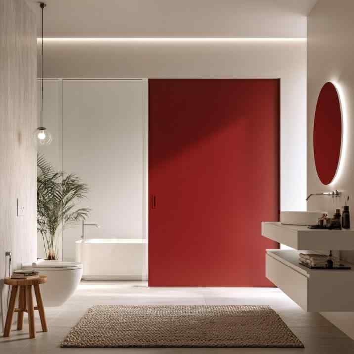  Red accent wall in modern bathroom design