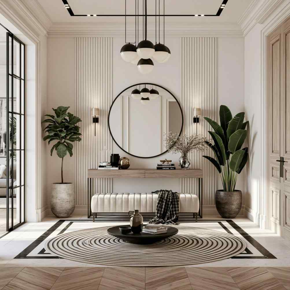 Round entryway mirror console table foyer