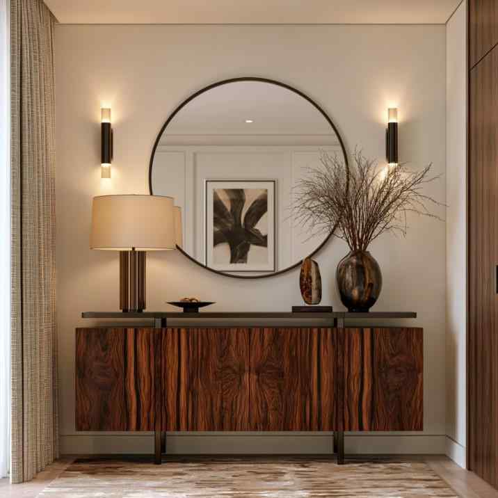 Round entryway wall mirror wood sideboard