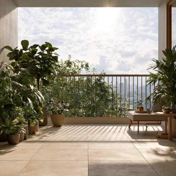 Small balcony flooring design with stone-look tiles