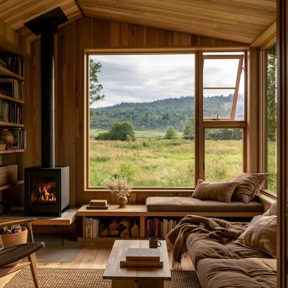 Wooden house interior design cosy fireplace