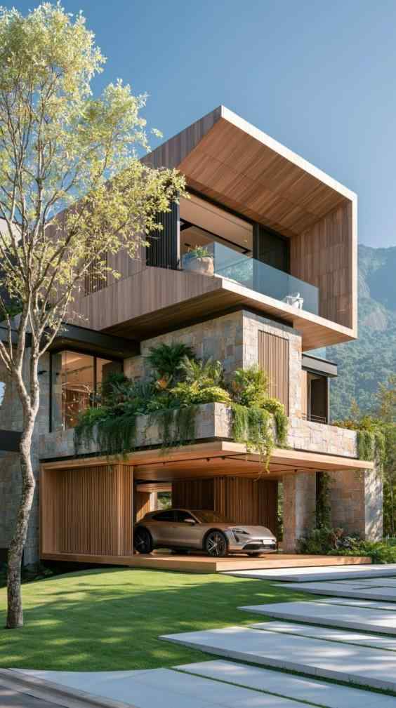 Modern wooden house roof design hillside