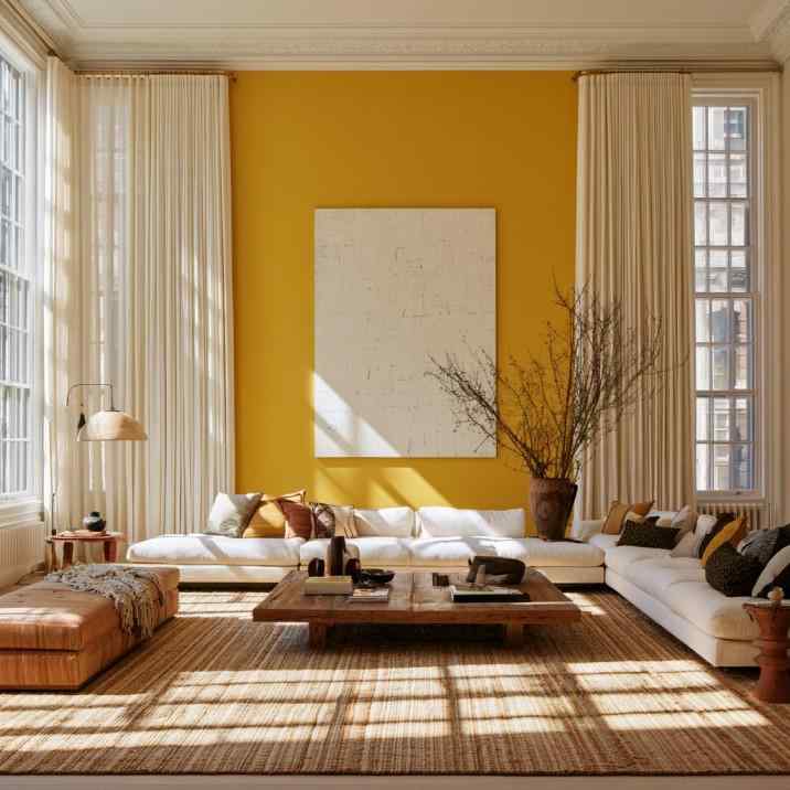  Mustard yellow accent wall with white sofas