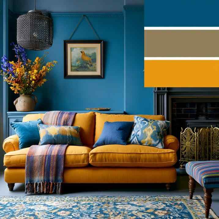 Blue living room with mustard yellow sofa