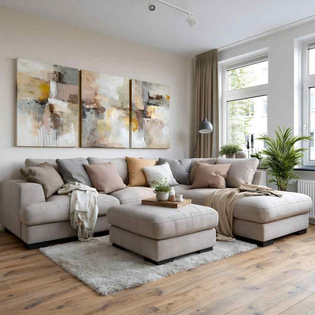Neutral living room furniture with sectional sofa and ottoman