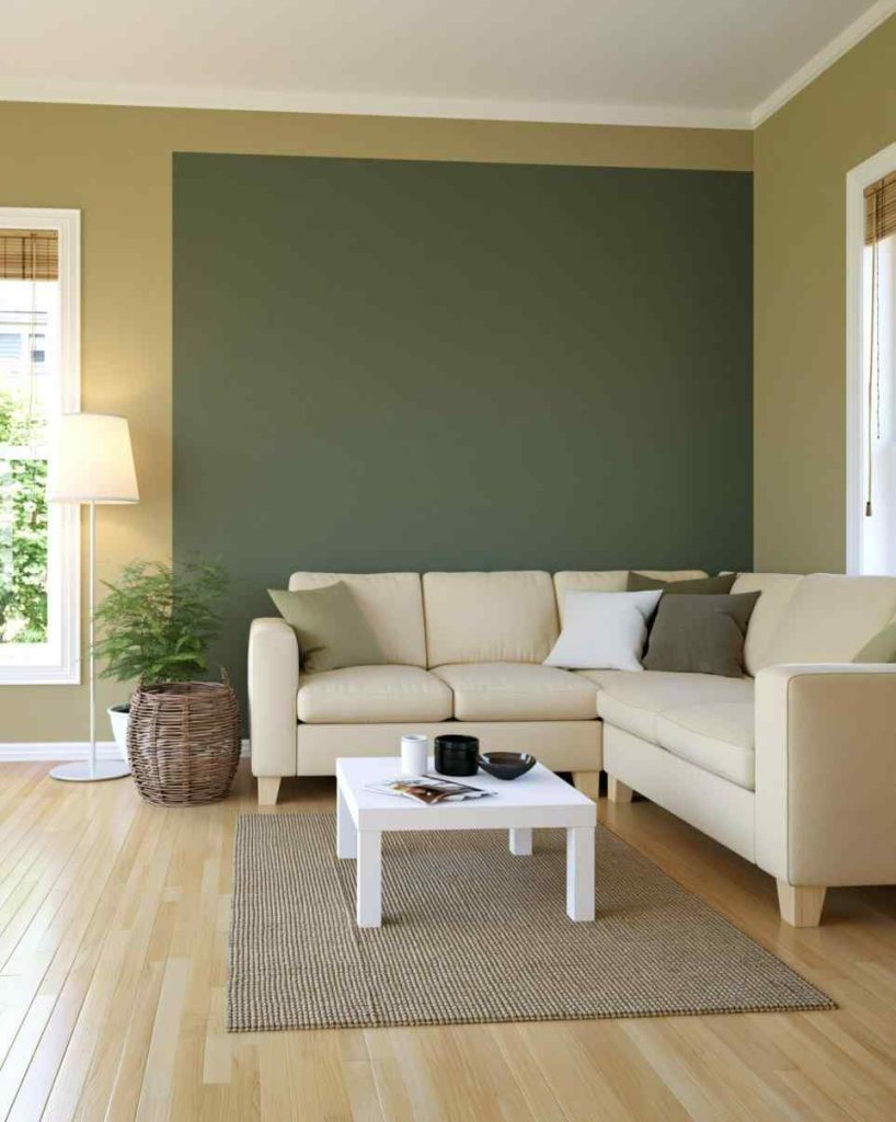 Olive green accent wall in living room