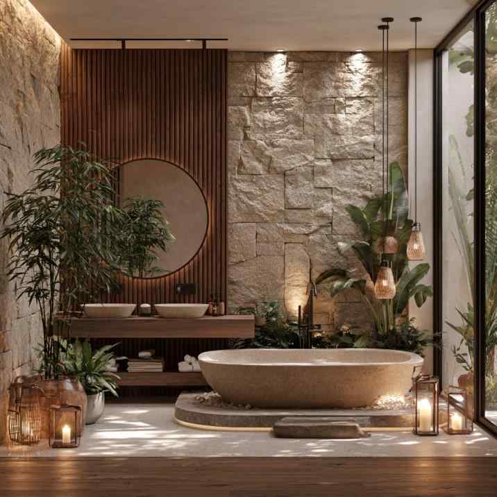 Organic bathroom stone bathtub textured wall