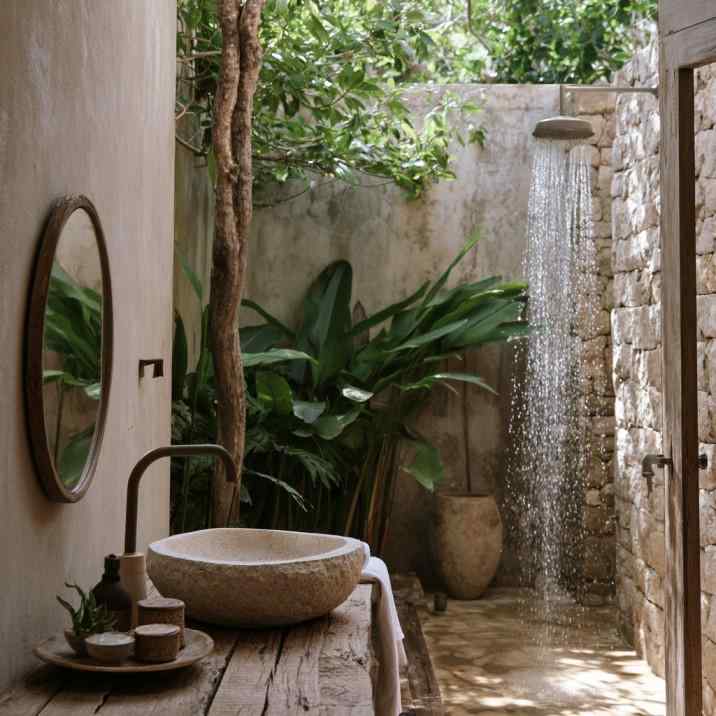 Organic bathroom stone sink outdoor rain shower