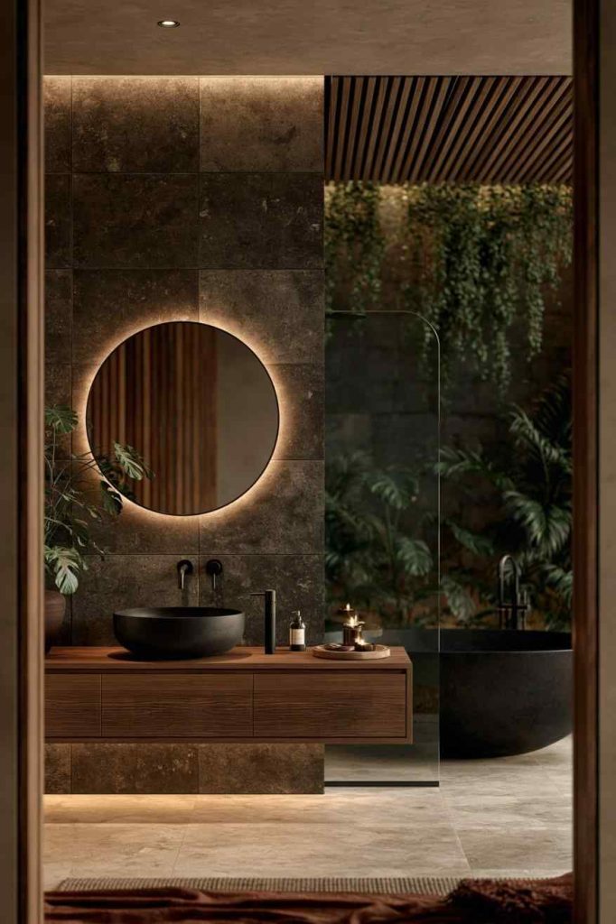  Organic bathroom stone tiles backlit round mirror