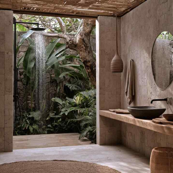 Organic bathroom stone vanity outdoor shower greenery