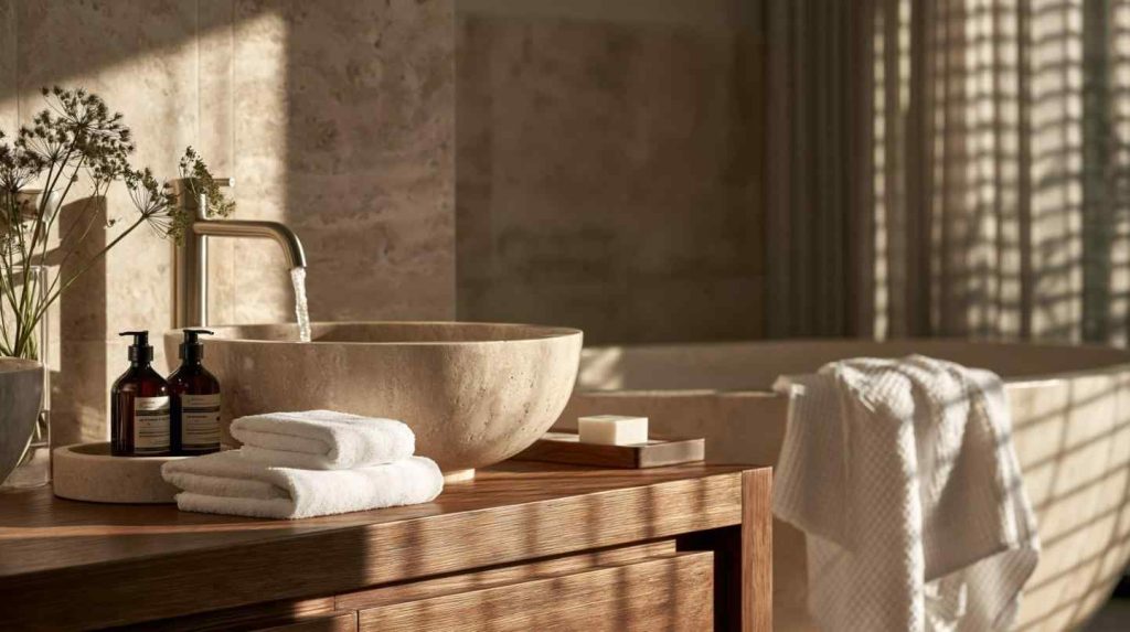 Organic bathroom stone sink linen towels
