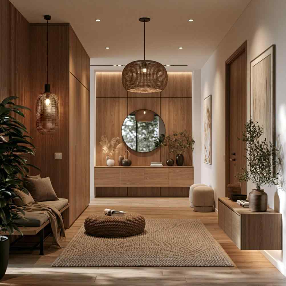 Organic style wood entryway hallway design
