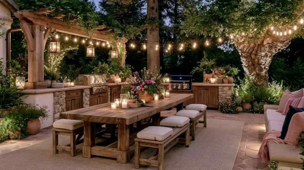 Outdoor dining garden seating with string lights