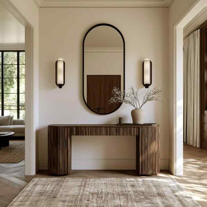  Oval black-frame entryway mirror wood console