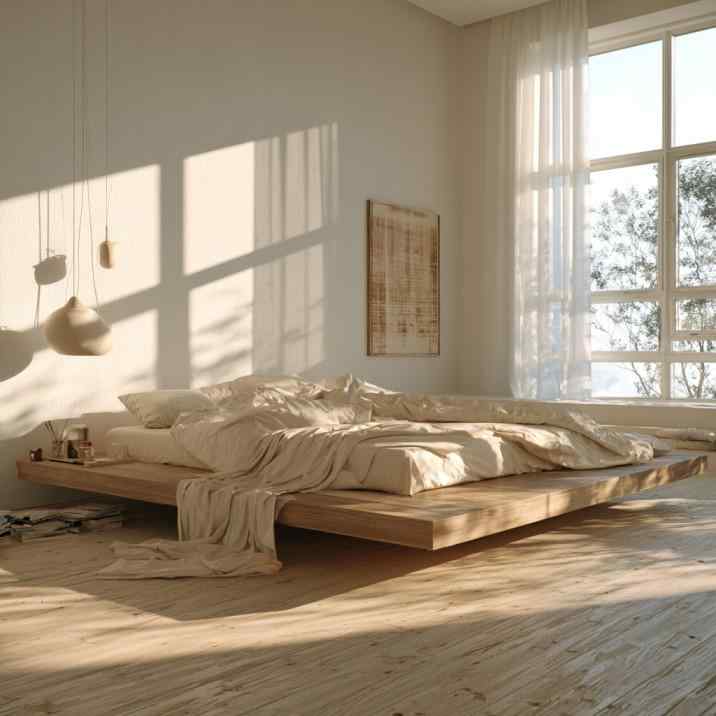 Low wooden floating bed design in minimalist bedroom