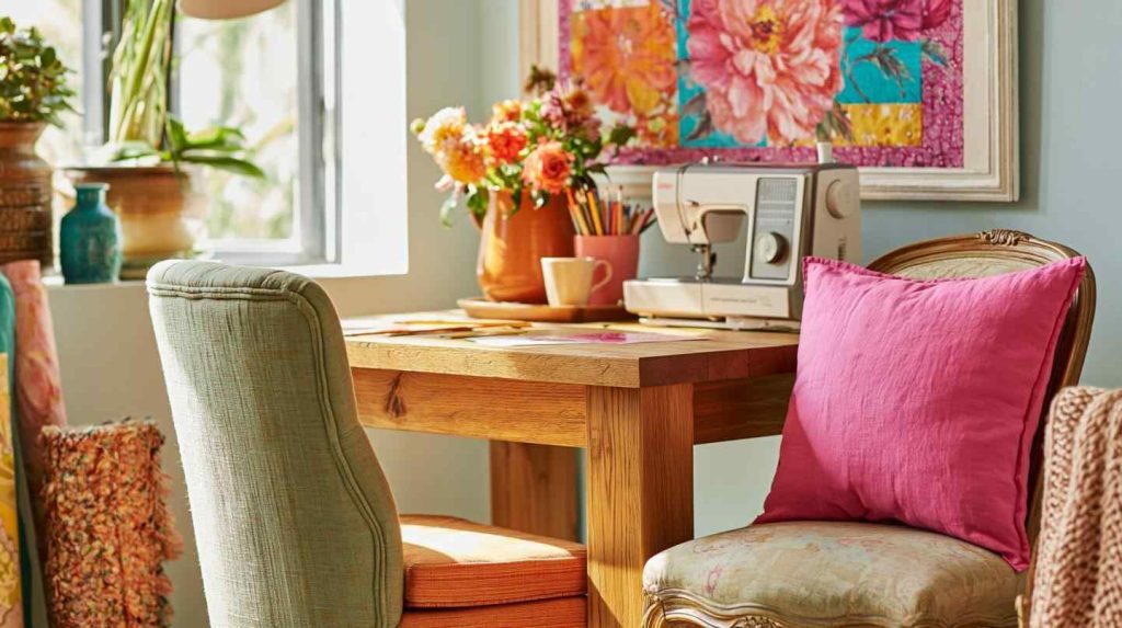 Colourful maximalist room with pink cushion accents