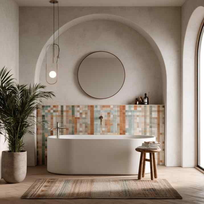 Modern bathtub tile design with earthy neutral tones