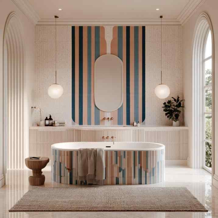 Modern striped bathtub tile design feature wall