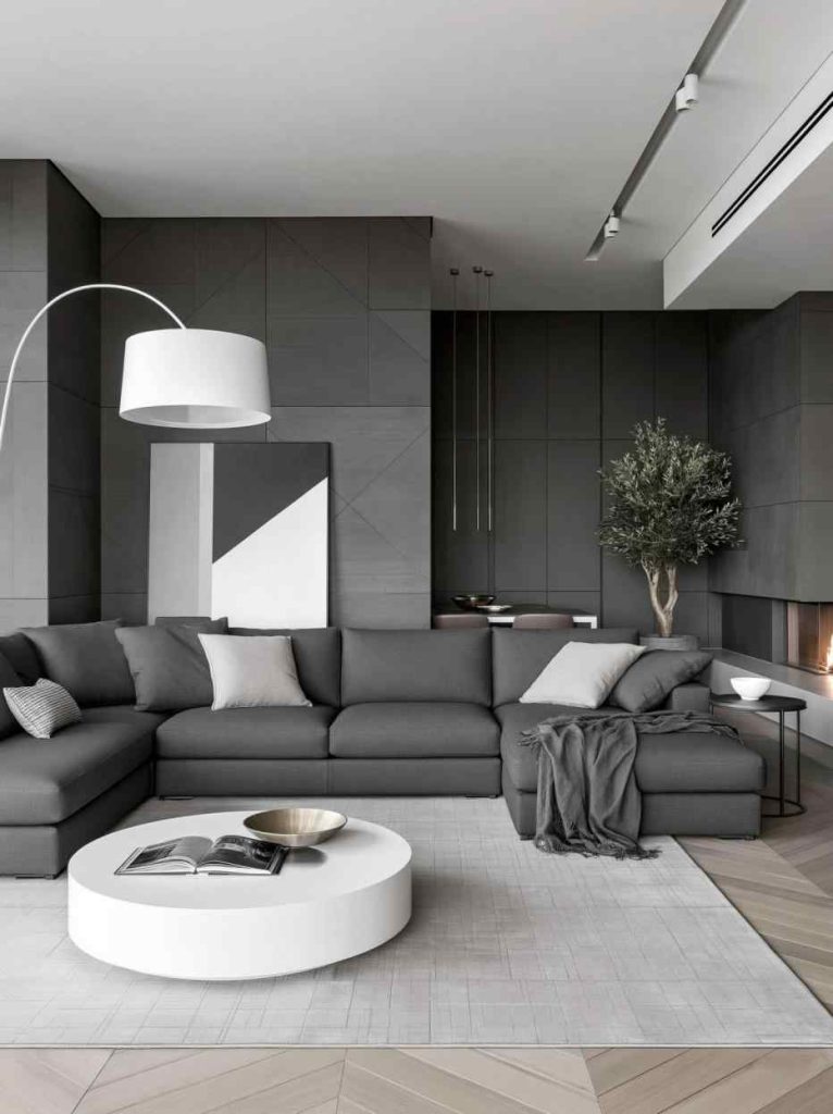 Modern grey sectional sofa living room furniture with arc lamp