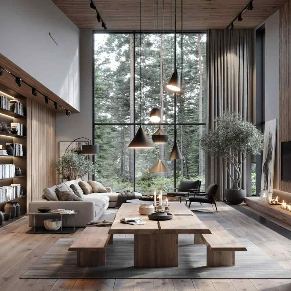 Modern living room furniture in spacious sunlit room