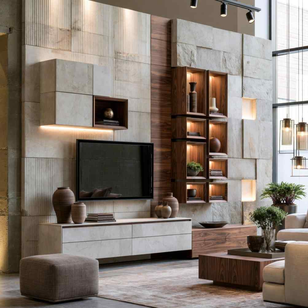  Modern living room TV unit with stone storage wall