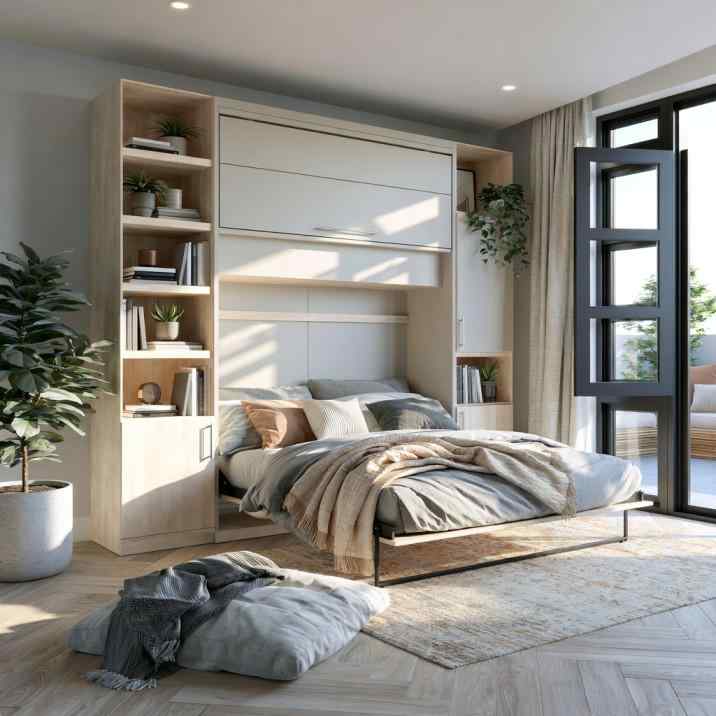 Modern wall mounted Murphy bed with side storage