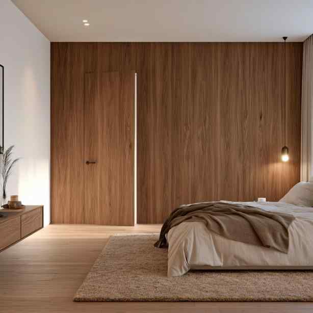 Hidden door design in wooden feature wall bedroom