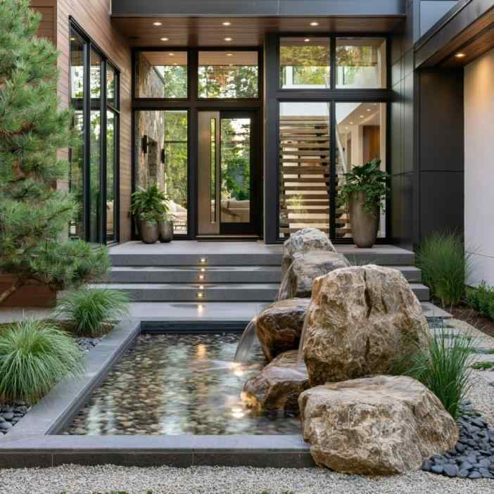  Indoor landscaping entrance with rocks and water